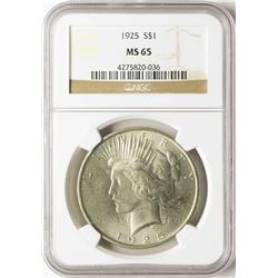 1925 $1 Peace Silver Dollar Coin NGC MS65
