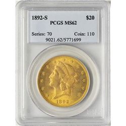 1892-S $20 Liberty Head Double Eagle Gold Coin PCGS MS62