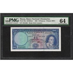 1963 Banco Nacional Ultramarino Macau 10 Patacas Note PMG Choice Uncirculated 64