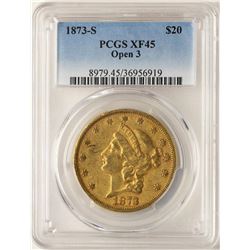 1873-S Open 3 $20 Liberty Head Double Eagle Gold Coin PCGS XF45