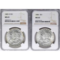 Lot of 1885-O & 1886 $1 Morgan Silver Dollar Coins NGC MS63