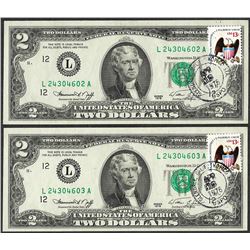 Lot of (2) Consecutive 1976 $2 Federal Reserve Notes First Day Issue with Stamps