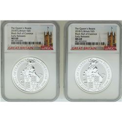 Lot of (2) 2018 Great Britain 5 Pound Queen's Beasts Silver Coins NGC MS69 Early