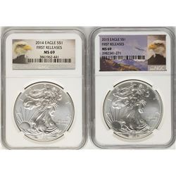 Lot of 2014-2015 $1 American Silver Eagle Coins NGC MS69 First Releases