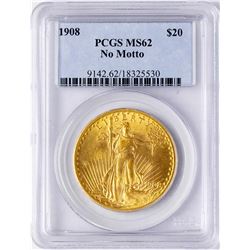 1908 No Motto $20 St. Gaudens Double Eagle Gold Coin PCGS MS62