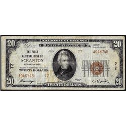 1929 $20 First NB of Scranton, PA CH# 77 National Currency Note