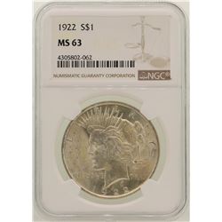 1922 $1 Peace Silver Dollar Coin NGC MS63