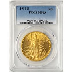1911-S $20 St. Gaudens Double Eagle Gold Coin PCGS MS63