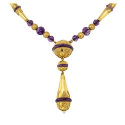 20.00 ctw Amethyst Hand-made Vintage Necklace - 18KT Yellow Gold