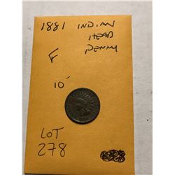 1881 Indian Head Penny Fine Grade Nice Early US Coin