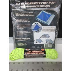 New 8 x 10ft Poly Tarp & 550lb Paracord  7 strand 100 ft reflective