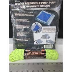New 8 x 10ft Poly Tarp & 550lb Paracord  7 strand 100 ft reflective
