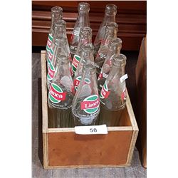 WOOD CRATE WITH 12 VINTAGE LIMCA POP BOTTLES