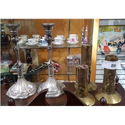 PAIR OF SILVER PLATE CANDLESTICKS AND 3 PCS OF TRENCH ART