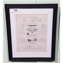 FRAMED VINTAGE CHAMPION SPARK PLUGS ADVERTISEMENT