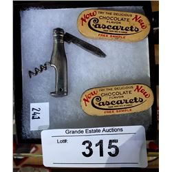VINTAGE CORKSCREW AND 2 VINTAGE CASCARETS CHOCOLATE TINS