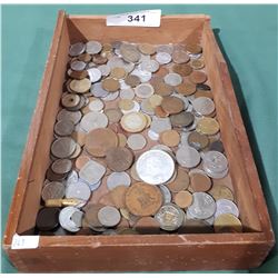 WOOD TRAY WITH WORLD COINS