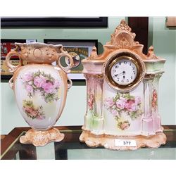 VICTORIAN PORCELAIN MANTLE CLOCK AND MATCHING VASE