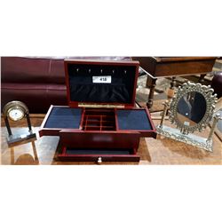 JEWELRY BOX, SMALL MANTLE CLOCK AND VANITY MIRROR