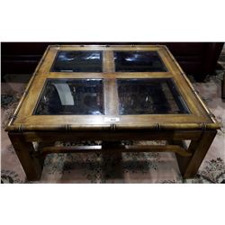 3 PIECE COFFEE AND END TABLE SET WITH BEVELED GLASS INSERTS.