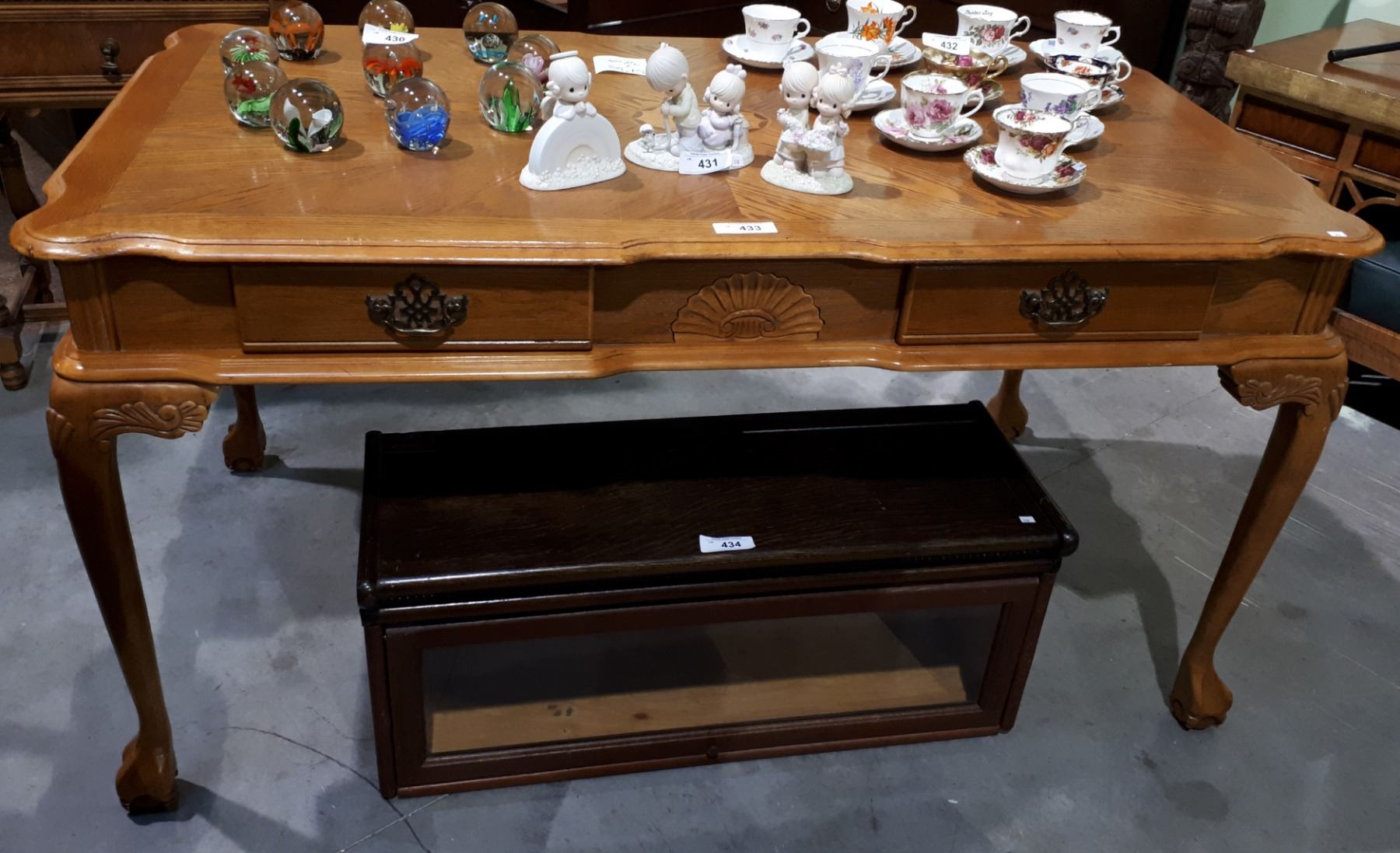 Vintage Inlaid Oak Double Sided Desk With Ball In Claw Feet