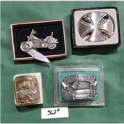 3 COLLECTIBLE BELT BUCKLES & FIGURAL MOTORCYCLE KNIFE