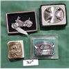 Image 1 : 3 COLLECTIBLE BELT BUCKLES & FIGURAL MOTORCYCLE KNIFE