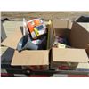 Image 1 : LOT OF 2 BOXES OF ASSORTED TOOLS AND ITEMS ( PLIERS, DRILL BITS, FOOT PUMP, POWER MONITOR, ETC…)
