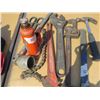 Image 1 : LOT OF ASSORTED TOOLS ( BOTTLE JACK, 18' WRENCH, CRESCENT WRENCHES, PIPE WRENCH, HAMMER, ETC…)