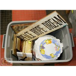 TOTE OF DISHWARE, PICTURE FRAMES, PICTURES AND