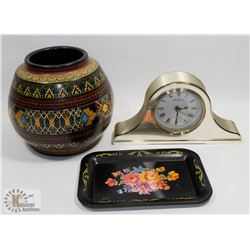 FLAT WITH ANTIQUE TRAY, POTTERY $ SETH THOMAS