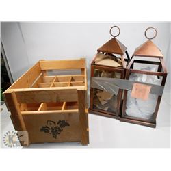PAIR OF OUTDOOR LANTERNS WITH WOOD WINE CRATE