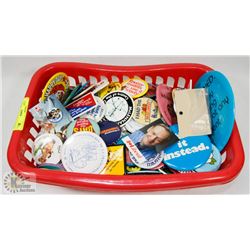 VINTAGE BASKET OF BUTTON PINS