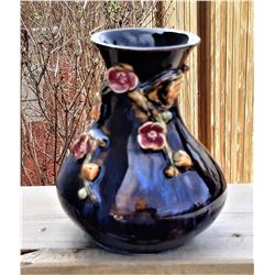 11)  COBALT BLUE VASE WITH RAISED FLOWER