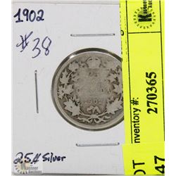 1902 CANADIAN EDWARD VII 25 CENT SILVER COIN.