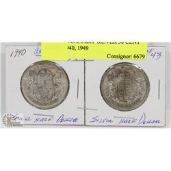 LOT OF 2 CANADA  SILVER 50 CENT COINS 1940, 1949