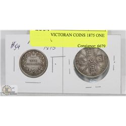 LOT OF 2 VICTORIAN COINS 1875 ONE SHILLING,