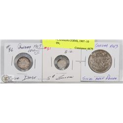 LOT OF 3 CANADA COINS, 1907 -10 CENT COIN,