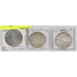 LOT OF 3 CANADA SILVER DOLLARS, 1958, 1959, 1939