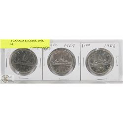 LOT OF 3 CANADA $1 COINS, 1968, 1969, 1984