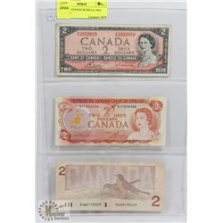 LOT OF 3 CANADA $2 BILLS, 1954, 1974, 1986
