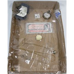 FLAT WITH ASSORTED JEWELRY, CURRENCY AND MORE