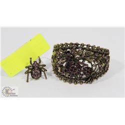 SPIDER BRACELET & RING SET WITH PURPLE RHINESTONES