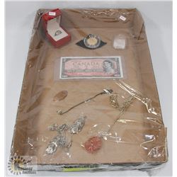 TRAY OF ASSORTED JEWELRY, CURRENCY AND MORE