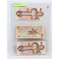 LOT OF THREE 1986 STOCK SHEET CANADIAN $2 BILLS