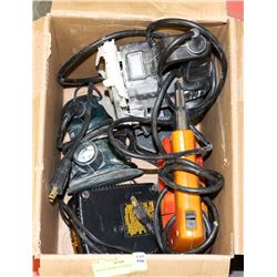 BOX OF ASSORTED POWER TOOLS.