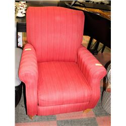 RED FABRIC RECLINING PARLOUR CHAIR.