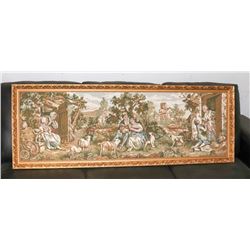 LARGE GOLD TONE FRAMED NEEDLE POINT PICTURE.