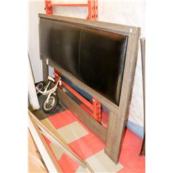 KING SIZE WOOD TONE AND LEATHERETTE HEADBOARD.