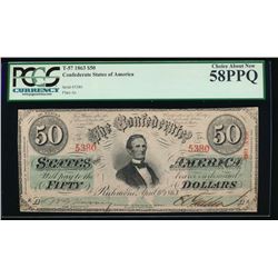 1863 $50 Confederate States of America Note PCGS 58PPQ